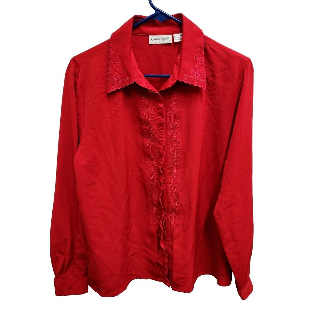 Vintage Claudia Richard Red Blouse Top Womens Size 12 Embroidered Long Sleeve